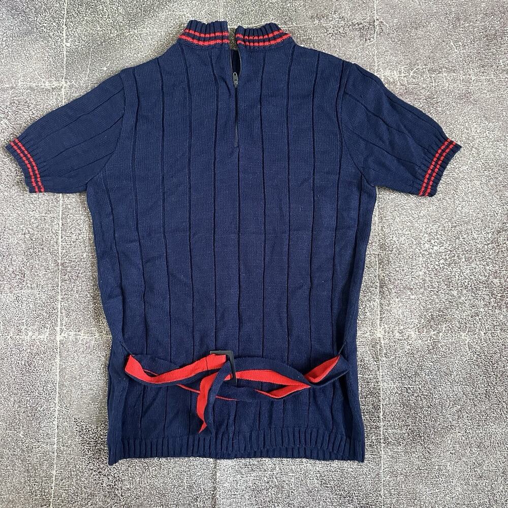 Women's Vintage 70's Countdown Navy Blue Red Striped Belted Sweater Shirt Sz S